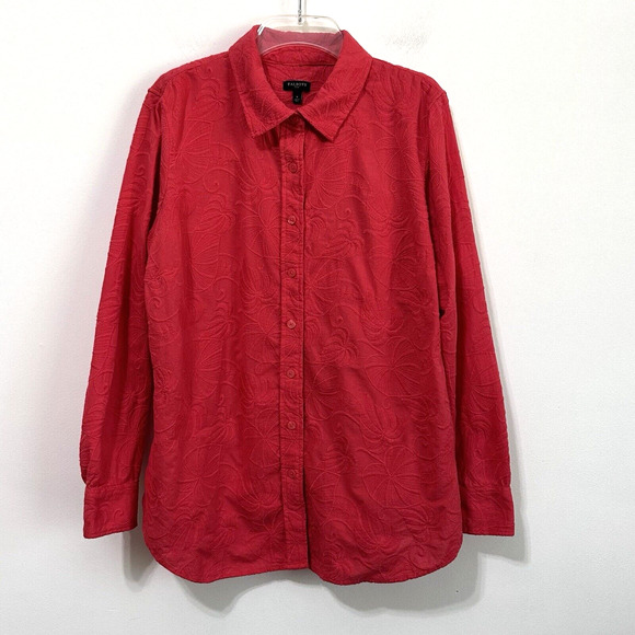 Talbots Deep Coral X (XL) Blouse Top Embroidered Leaf Tropical Palm Textured - Picture 1 of 11